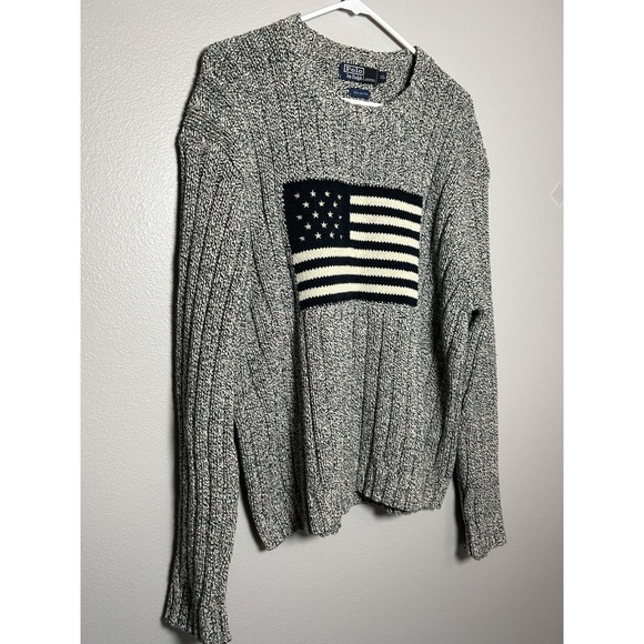 VTG POLO RALPH LAUREN GRAY & Navy AMERICAN FLAG SWEATER XL Americana Preppy 90s - Picture 4 of 9